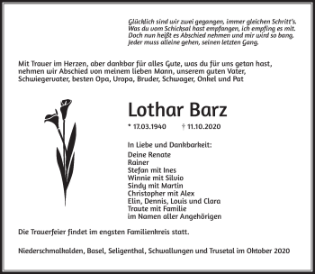 Traueranzeige von Lothar Barz von Südthüringer Presse