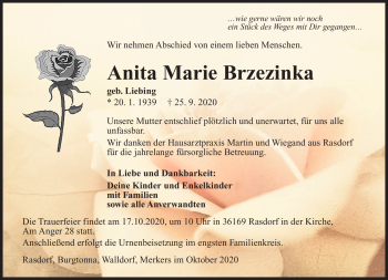 Traueranzeige von Anita Marie Brzezinka von Südthüringer Presse