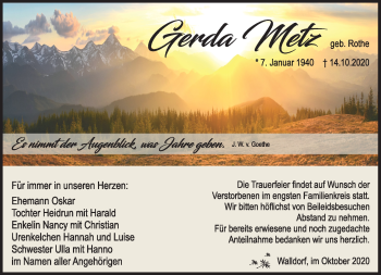 Traueranzeige von Gerda Metz von Südthüringer Presse