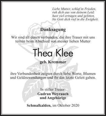Traueranzeige von Thea Klee von Südthüringer Presse