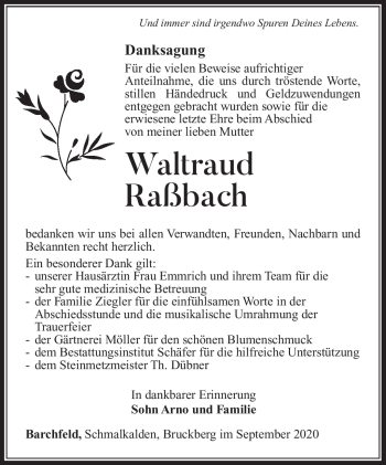 Traueranzeige von Waltraud Raßbach von Südthüringer Presse
