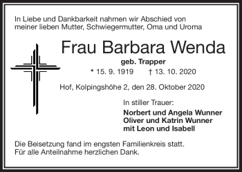 Traueranzeige von Barbara Wenda von Frankenpost