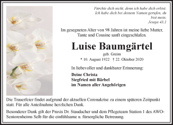 Traueranzeige von Luise Baumgärtel von Frankenpost