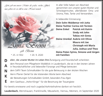 Traueranzeige von Anna Brenn von Südthüringer Presse
