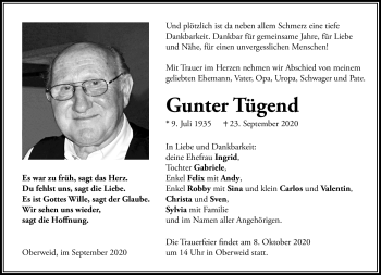Traueranzeige von Gunter Tügend von Südthüringer Presse