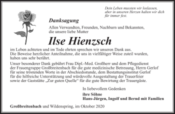 Traueranzeige von Ilse Hienzsch von Südthüringer Presse