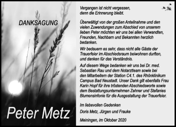 Traueranzeige von Peter Metz von Südthüringer Presse
