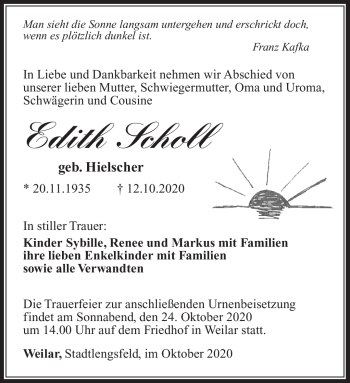 Traueranzeige von Edith Scholl von Südthüringer Presse
