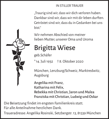 Traueranzeige von Brigitte Wiese von Frankenpost