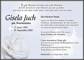 Traueranzeige von Gisela Juch von Südthüringer Presse