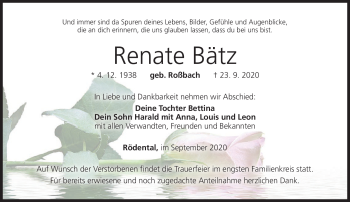 Traueranzeige von Renate Bätz von Neue Presse Coburg
