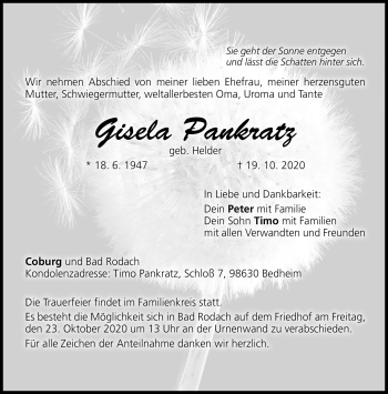 Traueranzeige von Gisela Pankratz von Neue Presse Coburg