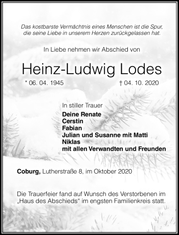 Traueranzeige von Heinz-Ludwig Lodes von Neue Presse Coburg