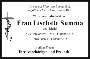 Traueranzeige von Lieselotte Summa von Frankenpost