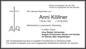 Traueranzeige von Anni Köllner von Frankenpost
