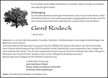 Traueranzeige von Gerd Rodeck von Südthüringer Presse