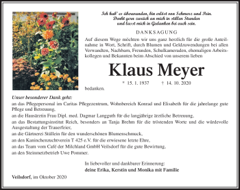 Traueranzeige von Klaus Meyer von Südthüringer Presse