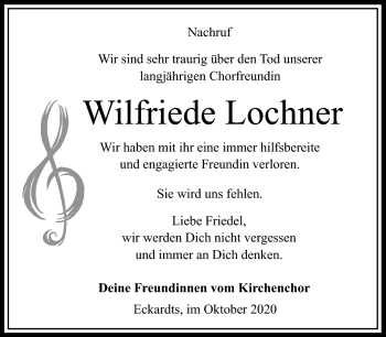 Traueranzeige von Wilfriede Lochner von Südthüringer Presse
