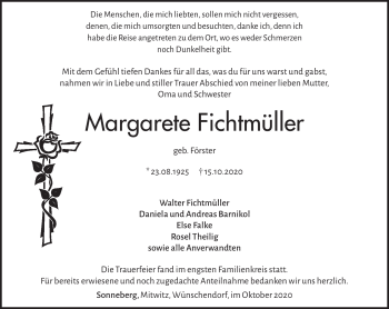 Traueranzeige von Margarete Fichtmüller von Südthüringer Presse