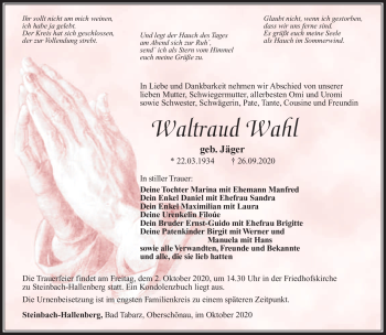 Traueranzeige von Waltraud Wahl von Südthüringer Presse