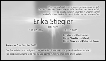 Traueranzeige von Erika Stiegler von Neue Presse Coburg