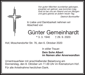 Traueranzeige von Günter Gemeinhardt von Frankenpost