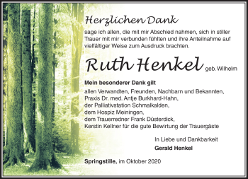 Traueranzeige von Ruth Henkel von Südthüringer Presse