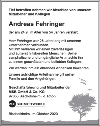 Traueranzeige von Andreas Fehringer von Südthüringer Presse
