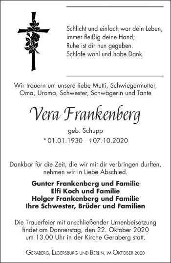 Traueranzeige von Vera Frankenberger von Südthüringer Presse