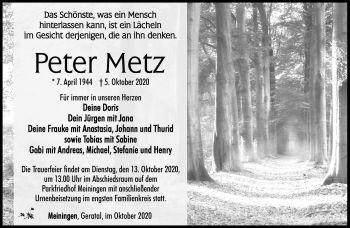 Traueranzeige von Peter Metz von Südthüringer Presse