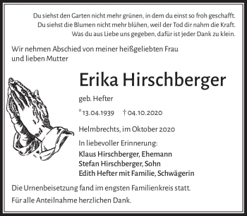 Traueranzeige von Erika Hirschberger von Frankenpost
