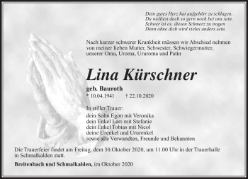 Traueranzeige von Lina Kürschner von Südthüringer Presse