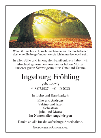 Traueranzeige von Ingeburg Fröhling von Südthüringer Presse