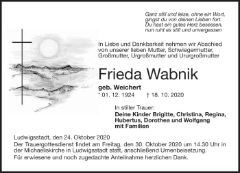 Traueranzeige von Frieda Wabnik von Neue Presse Coburg