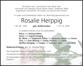 Traueranzeige von Rosalie Herppig von Neue Presse Coburg