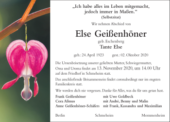 Traueranzeige von Else Geißenhöner von Südthüringer Presse