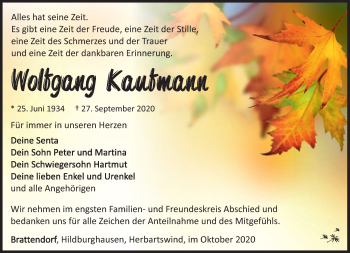 Traueranzeige von Wolfgang Kaufmann von Südthüringer Presse