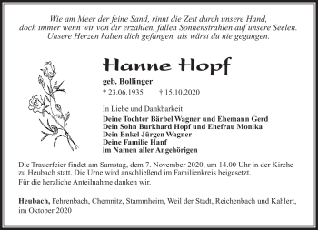 Traueranzeige von Hanne Hopf von Südthüringer Presse