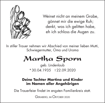 Traueranzeige von Martha Sporn von Südthüringer Presse