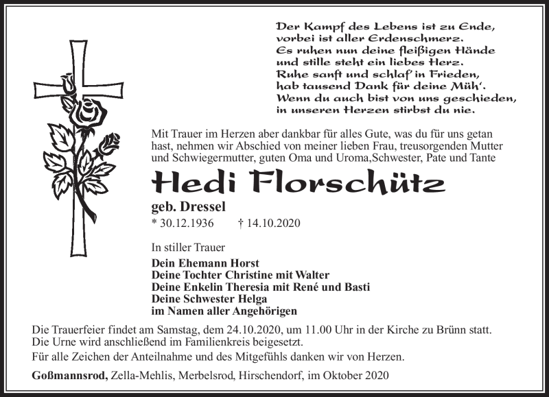  Traueranzeige für Hedi Florschütz vom 17.10.2020 aus Südthüringer Presse