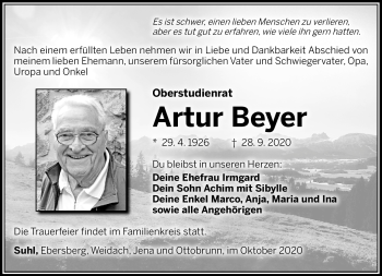 Traueranzeige von Artur Beyer von Südthüringer Presse