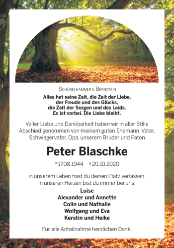 Traueranzeige von Peter Blaschke von Frankenpost