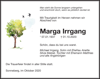 Traueranzeige von Marga Irrgang von Südthüringer Presse