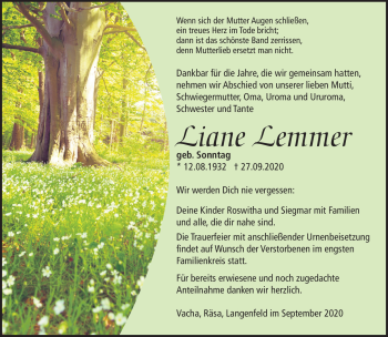 Traueranzeige von Liane Lemmer von Südthüringer Presse