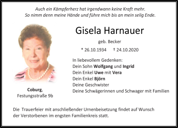 Traueranzeige von Gisela Harnauer von Neue Presse Coburg