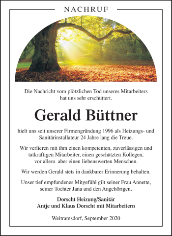 Traueranzeige von Gerald Büttner von Neue Presse Coburg