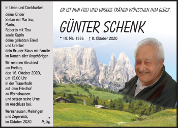 Traueranzeige von Günter Schenk von Südthüringer Presse