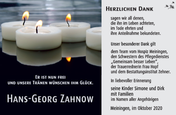 Traueranzeige von Hans-Georg Zahnow von Südthüringer Presse
