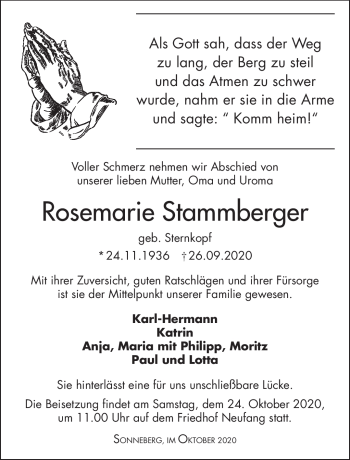 Traueranzeige von Rosemarie Stammberger von Südthüringer Presse