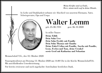 Traueranzeige von Lemm Walter von Neue Presse Coburg